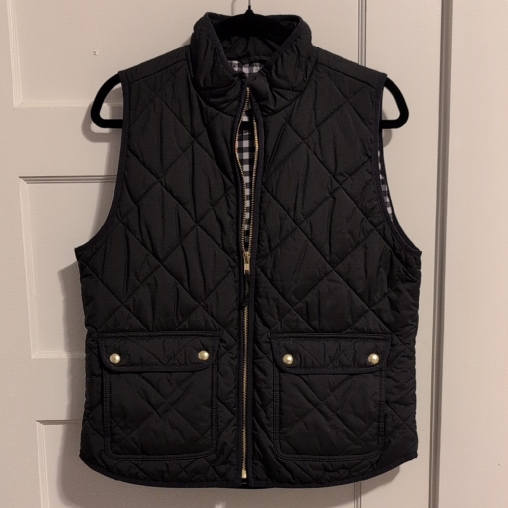 J. Crew Factory Black Quilted Vest with Gingham Lining and Gold Zipper